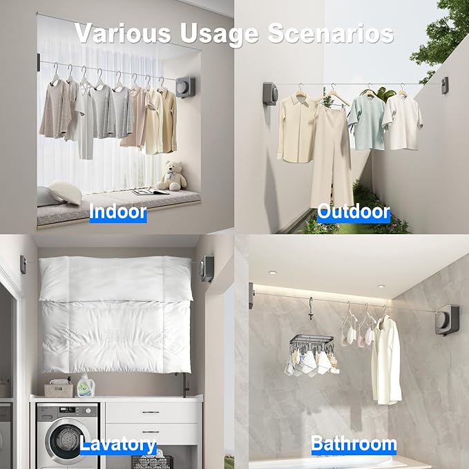 Retractable Clothesline Indoor, Non-Sagging Outdoor Clothes Line Retracting Heavy Duty Clothes Drying Laundry Line Wall Mounted Stainless Steel Line-15.1 Feets(Square-Gray)