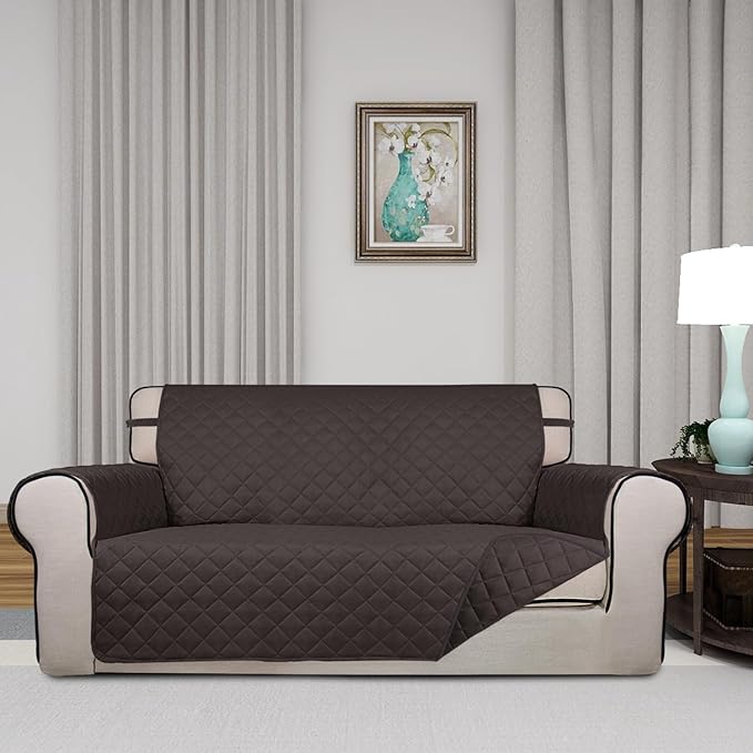 PureFit Reversible Quilted Sofa Cover, Water Resistant Furniture Protector, Washable Couch Cover with Non Slip and Elastic Straps for Kids, Dogs, Pets (Oversized Loveseat, Chocolate/Chocolate)