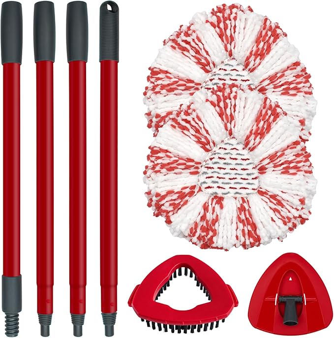 Spin Mop Replace Head, Base, Mop Handle Replacement for OCedar EasyWring 1 Tank System - Include 2 Microfiber Refills, 1 Sturdy Iron 30-58" Adjustable Mop Stick, Head Cover and Scrubber
