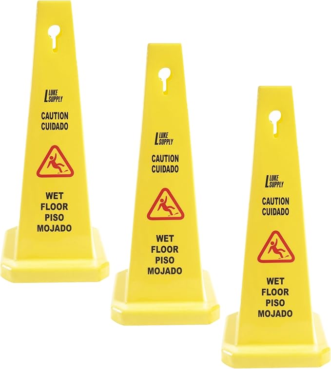 MATTHEW CLEANING 3 Packs 36” Caution Wet Floor Safety Cones for Indoors and Outdoors,Bright Yellow Caution Wet Floor Sign,4-Sided Bilingual Signs,Avoid Fall & Slip Accident