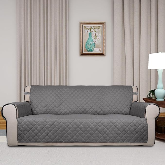 PureFit Reversible Quilted Sofa Cover, Water Resistant Slipcover Furniture Protector, Washable Couch Cover with Non Slip and Elastic Straps for Kids, Dogs, Pets (Sofa, Gray/Ivory)