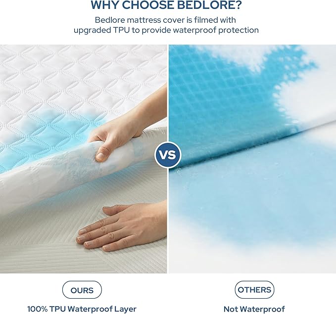 BEDLORE Waterproof Mattress Protector, Twin Size Mattress Pad with Deep Pocket Fitted Up to 6-15 inches, Soft Noiseless Single Bed Mattress Cover for Bedroom, Dorm Room (White)