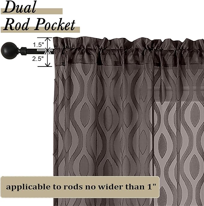 Aiyufeng Brown Sheer Curtains Tiers 36 Inch Length 2 Panels, Airy Lightweight Clip Jacquard Short Kitchen Window Curtains, Modern Wavy Line Textured Voile Sheer Curtain Panles, 40" Wx36 L Inches