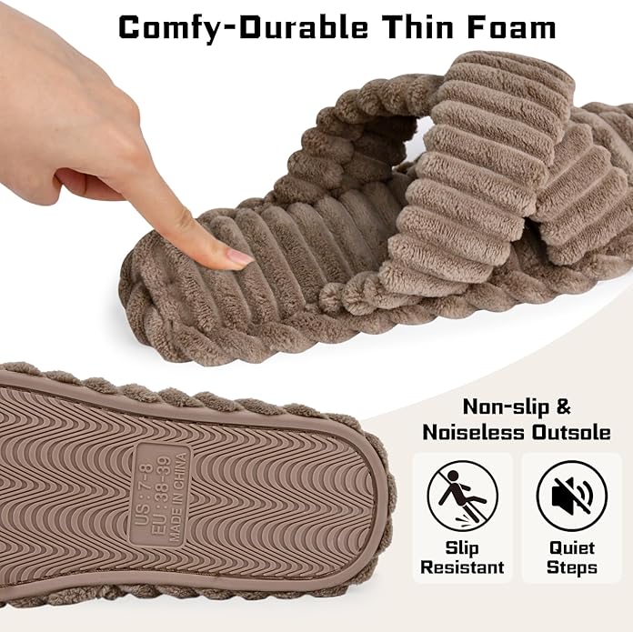 ZOORON Women's Cozy Slippers Crossbands & Durable Foam - Soft Plush Lined Non-Slip Indoor Outdoor Open Toe Shoes Trendy Gift