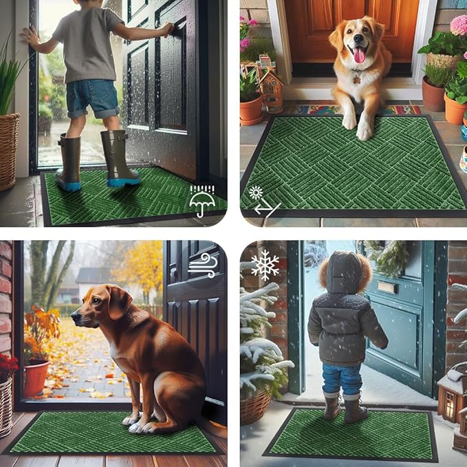 Smiry Front Door Mat Outside Entrance, Heavy Duty Outdoor Indoor Natural Rubber Doormat, Non Slip, Trap Dirt and Moisture, Easy Clean, Low Profile Patio Porch Entryway Mat, 59x35, Green