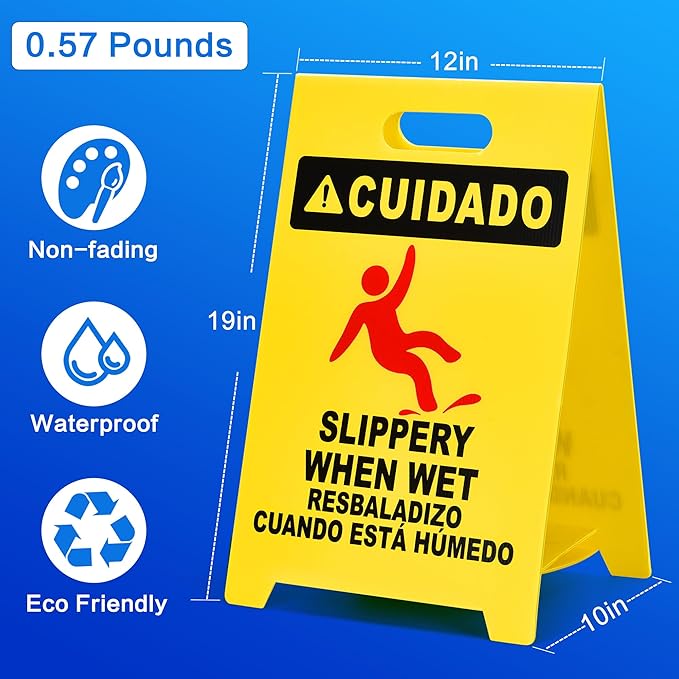 MATTHEW CLEANING 19'' Industrial Wet Floor Sign 3 Pack 2-Sided Durable Corrugated Plastic Birght Yellow Multilingual Warning Signs Commercial Caution Wet Fold-out Floor Signs For Indoors