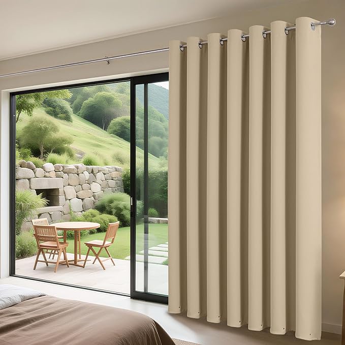 Joydeco Blackout Patio Sliding Door Curtains 108 Inches Long, Grommet Privacy Room Divider Curtains, Extra Wide Thermal Blackout Drapes for Bedroom Living Room (Light Beige, 100Wx108L, 1 Panel)