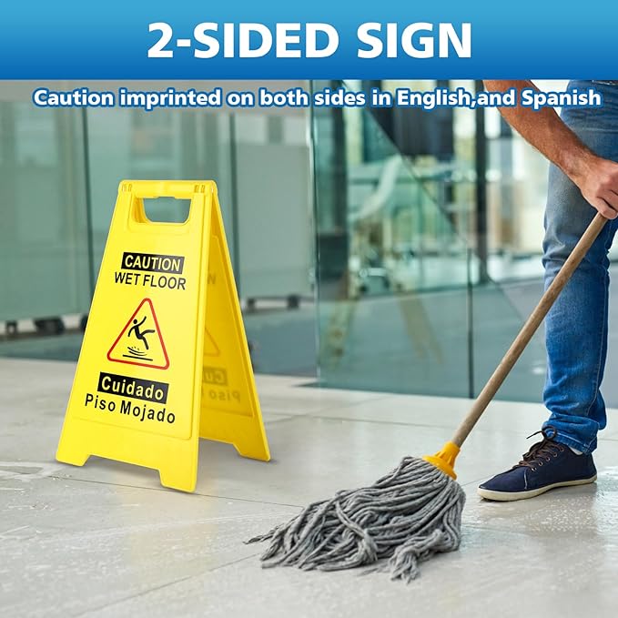 1-Pack Caution Wet Floor Sign,17.5" Height,Bright Yellow Double-Sided Folding A-Shaped Frame Design, Bilingual Caution Message