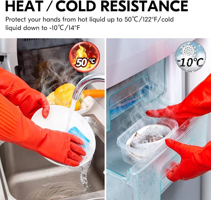 Vgo... 1-Pair Dishwashing Gloves, Reusable Household Gloves, Long Sleeve, Thick Latex, Cleaning, Washing, Working, Painting, Gardening, Pet Care (Size L, Red, RB2143)