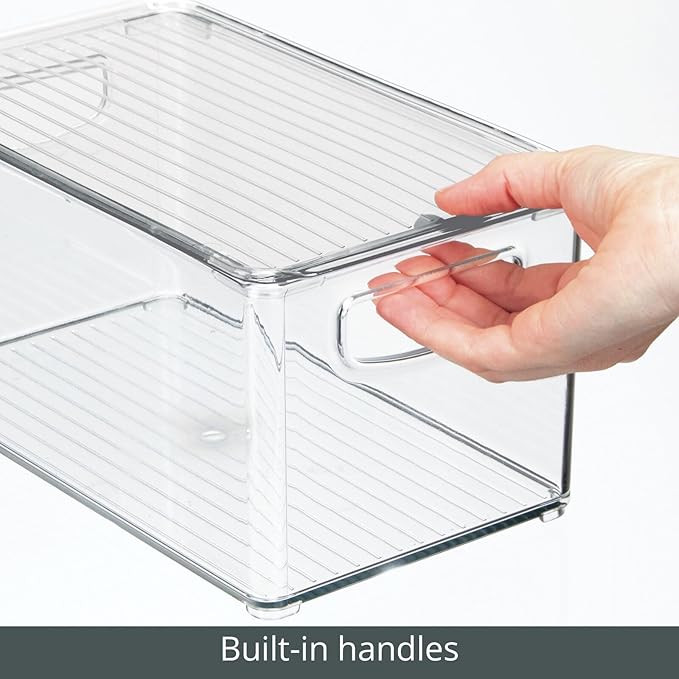 mDesign Plastic Deep Storage Bin Box Container with Lid and Built-In Handles - Organization for Fruit, Snacks, or Food in Kitchen Pantry, Cabinet, or Cupboard, Ligne Collection, 4 Pack, Clear