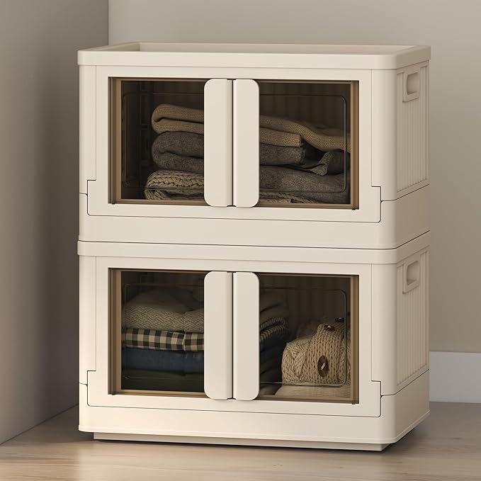 FLEXIMOUNTS 75 QT Stackable Storage Bins With Lids, Collapsible Plastic Storage Bins, Closet Organizers and Storage Containers with Doors and Built-in Wheels For Home, 2 Pack Cubes, Milky White