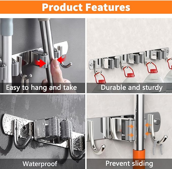 2 Pack Mop and Broom Holder Wall Mount, Non-slip Broom Hanger, Heavy Duty Mop Broom Organizer for Kitchen Garden Garage Laundry Room Wall Decor Organization and Storage Silver 3R4H