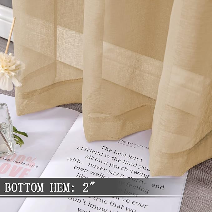 Tollpiz Short Sheer Curtain Living Room Linen Textured Curtains Sheer Light Filtering Voile Rod Pocket Curtain for Bedroom, 38 x 54 inches Long, Beige, Set of 2 Panels