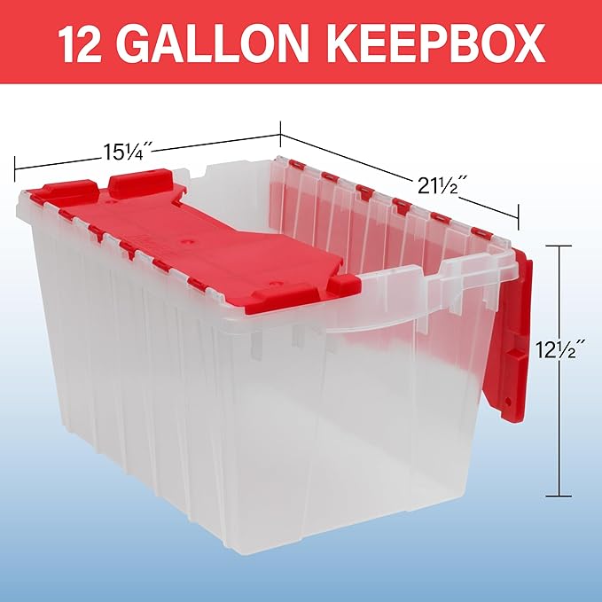 Akro-Mils KeepBox 12 Gallon Storage Container, Nesting and Stackable Plastic Storage Box with Lid Attached, Clear Tote for Garages, Closets, and Moving, 21-1/2" x 15" x 12-1/2", Clear/Red