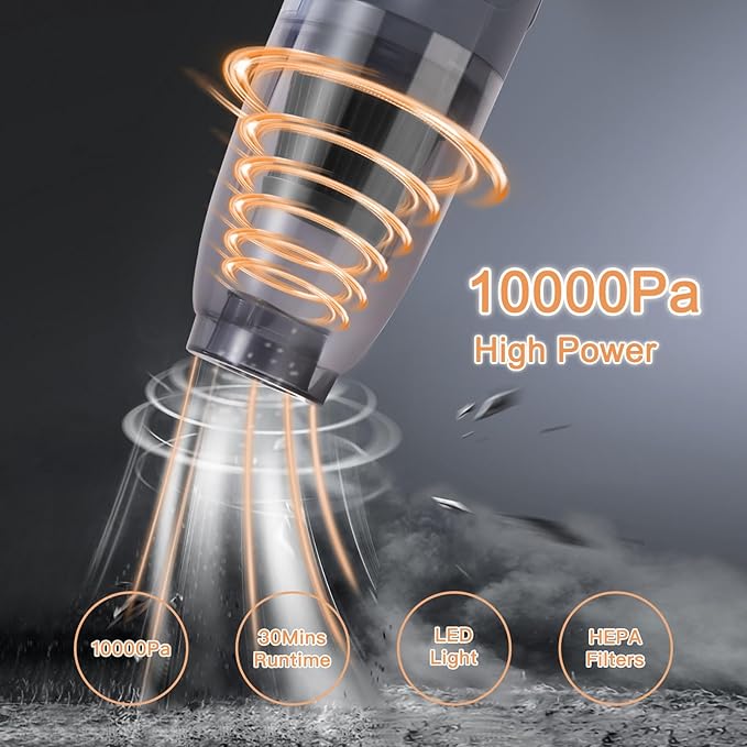 Handheld Vacuum Cordless Car Vacuum Portable, Cordless Handheld Vacuum Cleaner with Fast Charging Long Runtime Washable Filter,10KPA High Power Hand Vacuum for Home, Pet Hair(Grey)