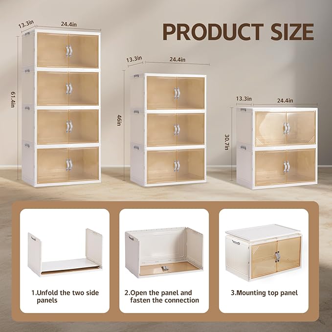 AHEONLAR 4 Pack Plastic Storage Bins with Drawers - 388QT Foldable Stackable Storage Bins with Lids - Closet Craft Organizers and Storage - Plastic Drawer Storage for Bedroom(97QT×4), 22.8 Gal