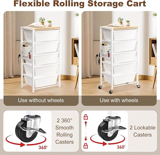 Rolling Cart with Drawers, Rolling Storage Cart with 4 Large Plastic Drawers & Wooden Tabletop, Utility Cart with Pegboards & Basket, Storage Drawers Cart for Living Room, Classroom, Bedroom, Office