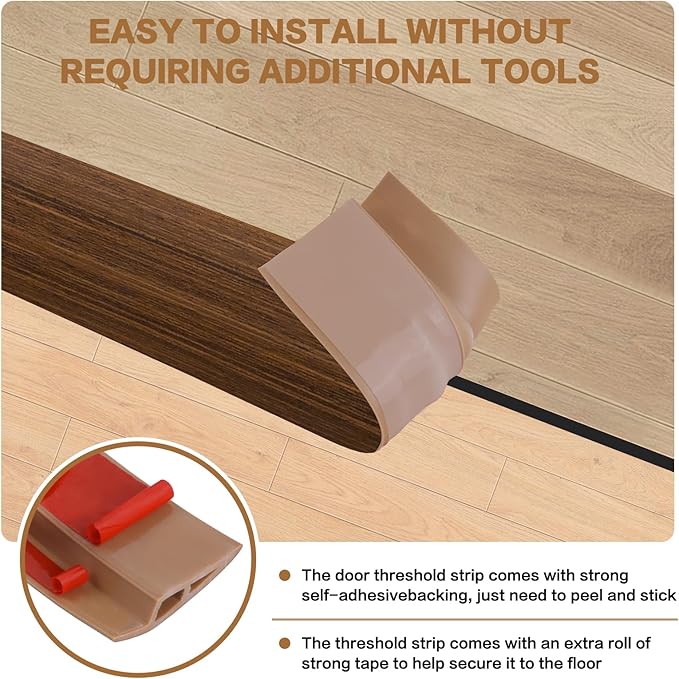 Floor Transition Strip Vinyl Door Threshold Ramp Self Adhesive Carpet Edging Strip Doorway Edge Trim, Overlap Edge Reducer for Laminate Carpet, Floor, Tile (Brown Wood Grain, 3/5" to 4/5", 3.3Ft)