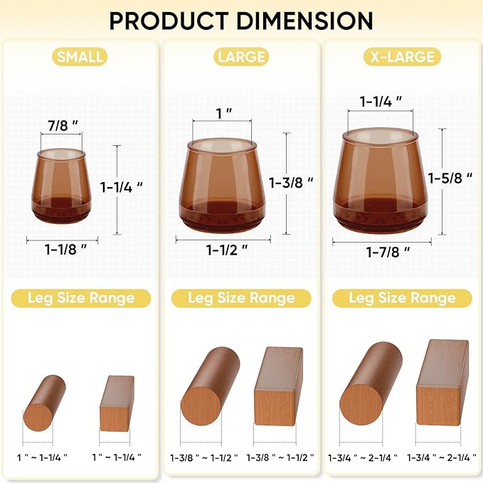 BALEINE 16 Pack Silicone Chair Leg Floor Protectors, Stool Leg Protectors Cap, Non-Slip Chair Leg Caps for Hardwood Floors (Brown & Small, 16 Pack)