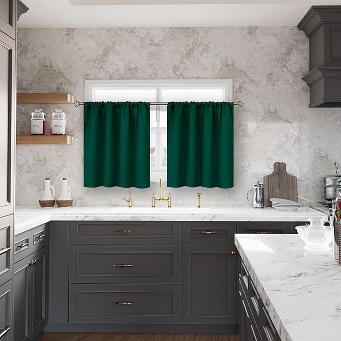 BGment Emerald Green Blackout Curtains 36 Inch Length for Kitchen Window - Short Thermal Insulated Drapes Room Darkening with Rod Pocket for Bathroom Cafe Rv Window, 42 x 36 Inch, 2 Panels