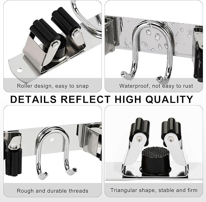 Mop Broom Holder Wall Mount, Silver Stainless Steel Tool Storage Organizer for Kitchen Garden Garage Laundry Room Bathroom and RV with 4 Slots 6 Hooks