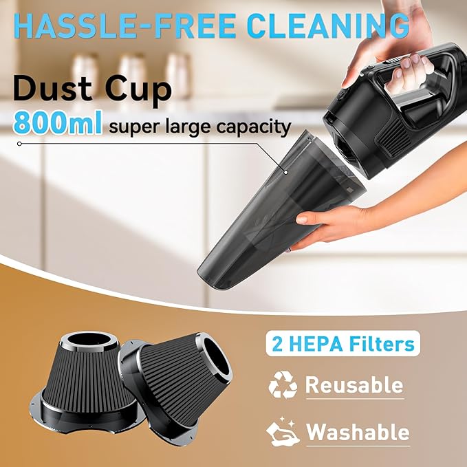 Handheld Vacuum Cordless Rechargeable with Charging Dock - 16000Pa Ultra-Strong Suction, Portable & Lightweight, Fast Charging, LED Light, 0.8L Super-Large Dust Cup, Long Battery Life for Home