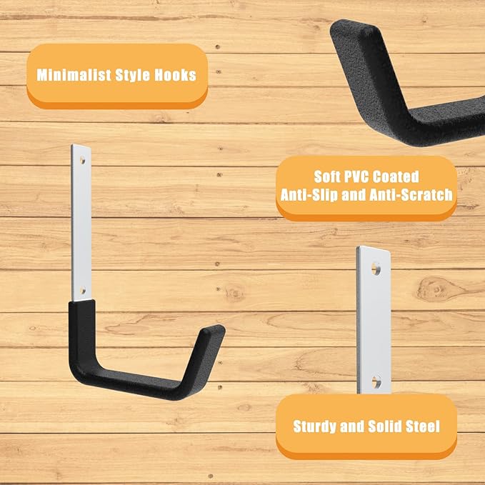 Heavy Duty Utility Hooks - Wall Mount, Hooks for Garage, Hose, Bike, Ladder, Leaf Blower Hanger (6 Medium)