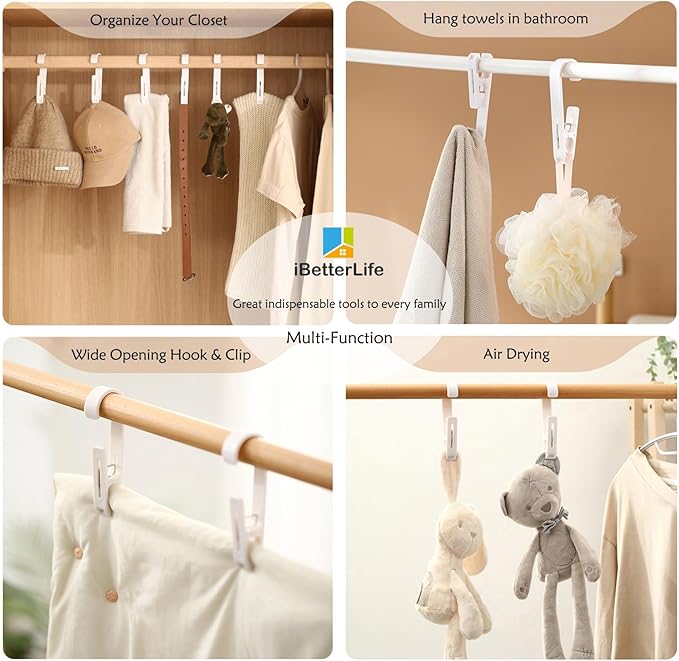 iBetterLife 4Pcs Laundry Hooks with Clips Hanger Heavy Duty Outdoor Clothes Pins, Closet Organizer Single Clamps Hanging Socks Boot Bras Underwear Kids Towels for Bathroom Wardrobe Kitchen Office