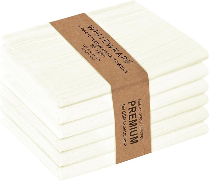 WHITEWRAP Flour Sack Towels| Tea Towel for Crafts| Kitchen Dish Cotton Blank Towel for Embroidery|Baking Bread Proofing Linen Cover| Thick Absorbent Quick Dry| 6 Pack 28"x28" Natural