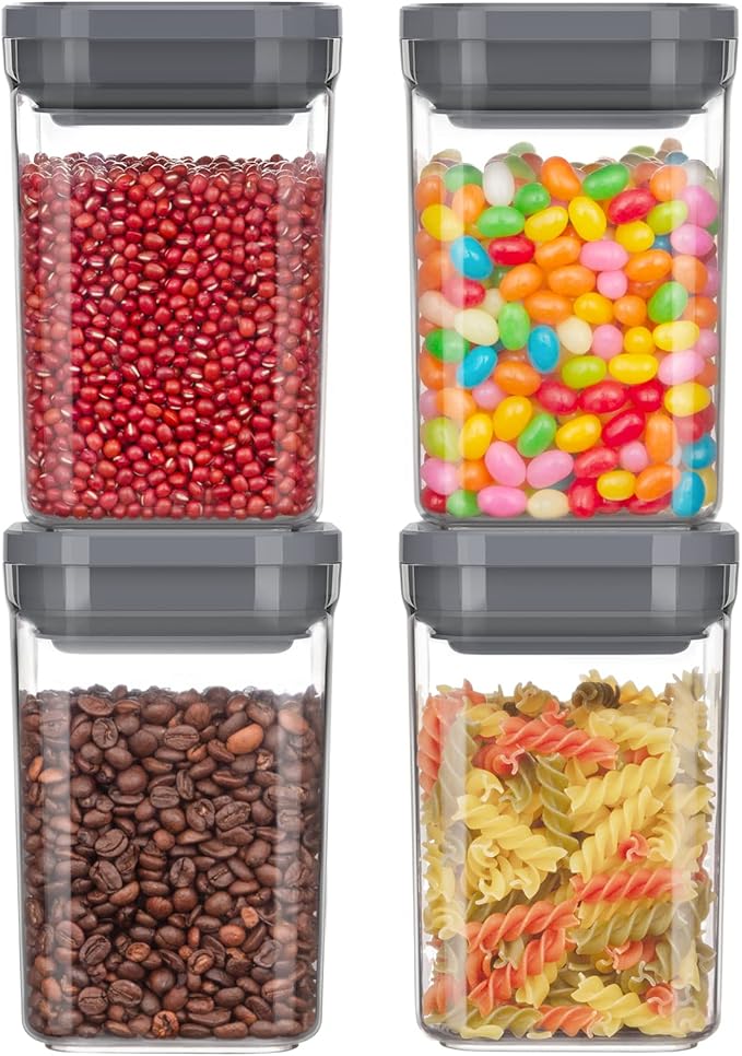 MR.SIGA 4 Pack Airtight Food Storage Container Set, BPA Free Kitchen Pantry Organization Canisters with One-handed Leak Proof Lids, 1L / 33.8oz, Medium, Gray