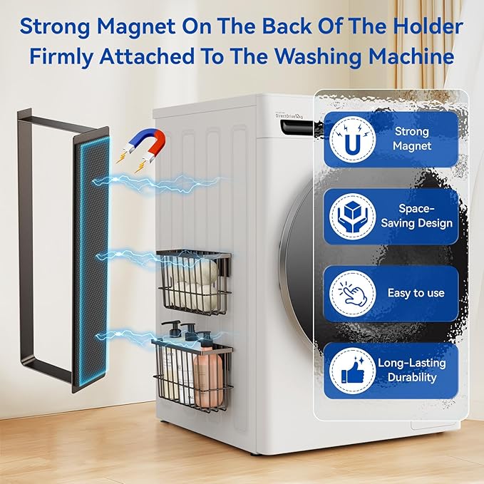 Magnetic Dryer Ball Holder and Magnetic Hanger Holder for Laundry Room Organization and Storage, Magnetic Lint Bin for Laundry Room, Iron Basket Dryer Ball Container for Laundry Room Storage (Brown)
