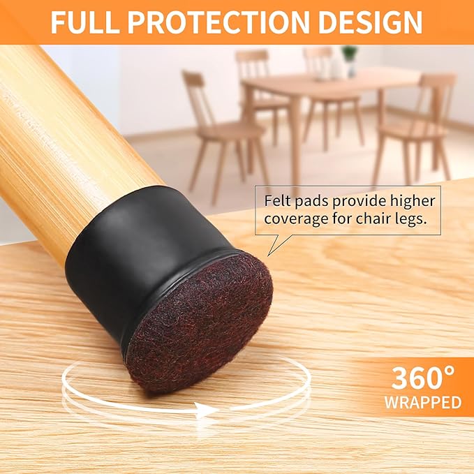 Ezprotekt 24 Pcs Round Silicone Chair Leg Floor Protectors with Felt, Floor Protectors for Chair, Felt Furniture Pads, Chair Leg Caps Cover, Bar Stool Leg Floor Protectors (L Fit: 1.1" - 1.3", Black)