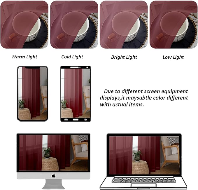 Chyhomenyc Burgundy Sheer Curtains 78 Inches Long 2 Panels Set for Living Room, Light Filtering Voile Lightweight Bedroom Curtains, Rod Pocket Solid Window Treatment Drapes, Each 42W x 78L