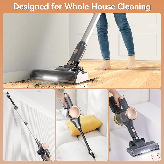 N8 Cordless Vacuum Cleaner,Lightweight Stick Vacuum with Powerful Suction,2200mAh Battery,40 Mins Runtime,Self-Standing,Rechargeable Vacuum Cleaners for Home Hardwood Floor Carpet Pet Hair (Gold)
