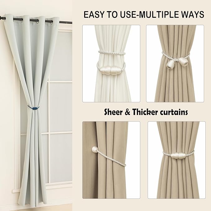 Magnetic Curtain Tiebacks Rope Curtain Tie Backs for Curtains 8 Pack Curtain Holders for Drapes Decorative Window Curtain Holdbacks, White