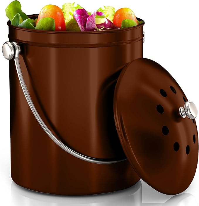 Utopia Kitchen Compost Bin for Kitchen Countertop, 1.3 Gallon Compost Bin for Kitchen with Lid, Includes 1 Spare Charcoal Filter (Copper)