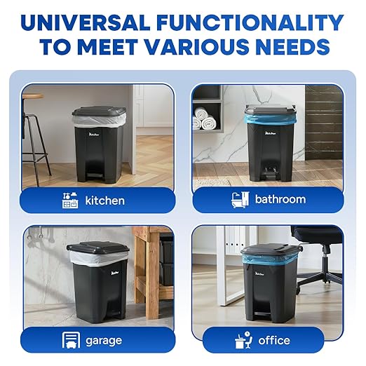 14 Gallon Step-On Trash Can/Container, Black Plastic Dustbin with Lid and Foot Pedal, Hands-Free Disposal