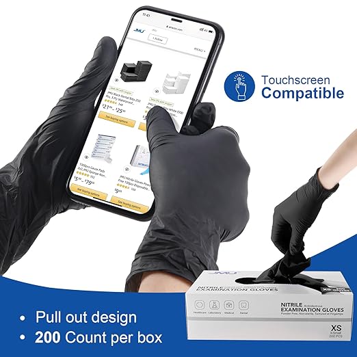 JMU Black Nitrile Gloves 200/Box, 3.5Mil Disposable Nitrile Exam Gloves, Latex Free Powder Free, Food Safe Gloves, XS