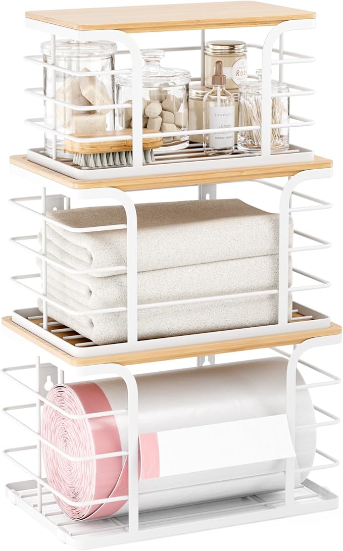 3 Pack Stackable Pantry Organizer,Stainless Steel Trash Bag Holder Dispenser,Kitchen Storage Organization for Kitchen Counter Sink,Laundry Room,Pantry, White