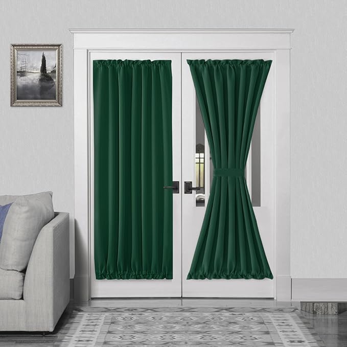 DWCN French Door Curtain - Rod Pocket Thermal Blackout Panel for Doors With Glass Window, Kitchen and Patio - Privacy, 54 X 72 Inches Long, 1 Panel With Tieback, Hunter Green