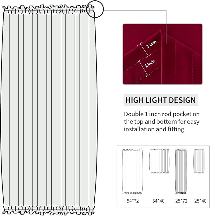 DWCN French Door Curtains – Rod Pocket Thermal Blackout Curtain for Doors with Glass Window, Christmas, Kitchen and Patio Doors for Privacy, 54 X 40 Inch, 1 Curtain Panel with Tieback, Burgundy