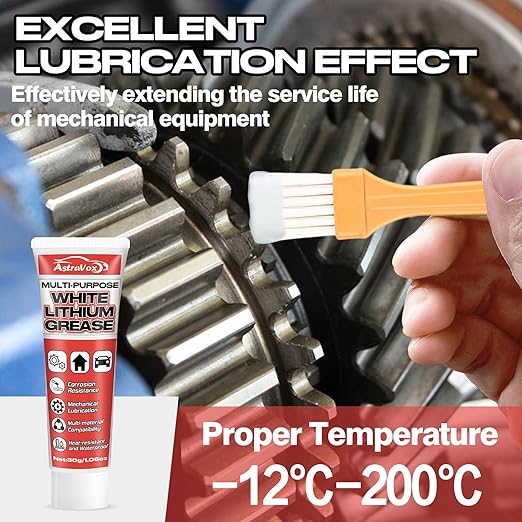 AstraVox White Lithium Grease, Multi-Purpose Lubricant Lithium Grease with Brush for Hinges, Bearings, Gears, and Garage Doors, Ideal for Automotive, Marine, Industrial, and Household Use (1)