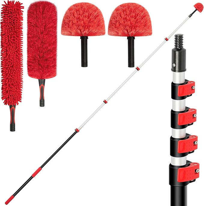 7-24 FT Extension Pole with 2 Outdoor Cobweb Brushes, 30 FT High Reach Ceiling Fan Cleaner Duster for Home, 24 FT Extendable Pole with 4 Pcs Dusting Tools, Cubweb Dusters, Feather Dusters, Fan Duster