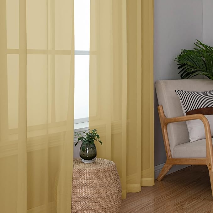 Chyhomenyc Gold Sheer Curtains 96 inches Long 2 Panels, Light Filtering Soft Airy Solid Elegant Voile Window Treatment Drapes for Bedroom Living Room Wedding Party Decor, 42 Wx96 L, 8FT L