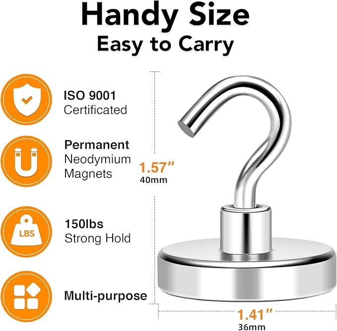 MIKEDE Magnetic Hooks Heavy Duty, 150LB+ Strong Neodymium Magnets for Refrigerator, Large Magnetic Hooks for Hanging, Magnets with Hooks Cruise Ship Essentials for Kitchen, Workplace - 8 Pack