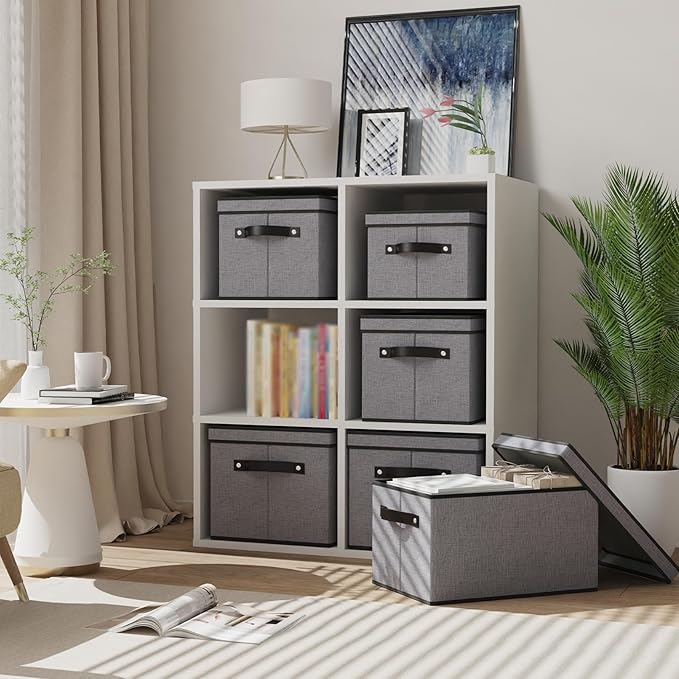 Clothing Storage Bins, Blanket Baskets for Shelves, Fabric Cubes with Handles and Lids, Decorative Linen Closet Organizers Boxes, Gray, 3 Pack, 16.5 x 11.8 x 10.2 Inch