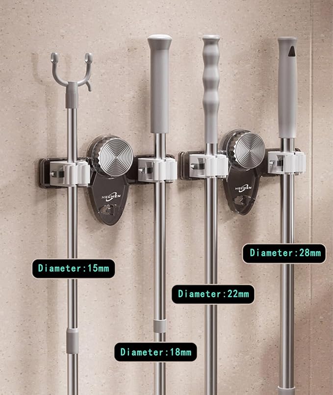 Mop and Broom Holder Wall Mount, No Punching Required Broom and Mop Organizer Wall Hanging with Hooks for Bathroom, Laundry Room, Garage, Kitchen,Garden Tool Organizer Storage (1pcs Gray)