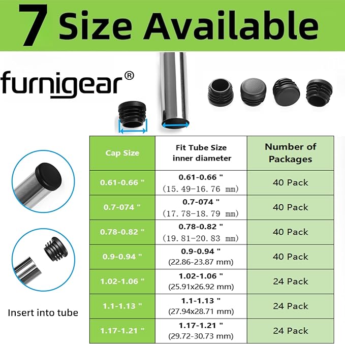 Plastic Plugs Furnigear Tubing End Caps Chair End Caps 1" Outside Bottom Round Tubing Caps Round Furniture Sliders Glides Black (Fit 0.9–0.94" Tube Inner Diameter, 40pack)