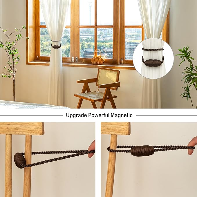 Magnetic Curtain Tiebacks Rope Curtain Tie Backs for Curtains 8 Pack Curtain Holders for Drapes Decorative Window Curtain Holdbacks, Coffee