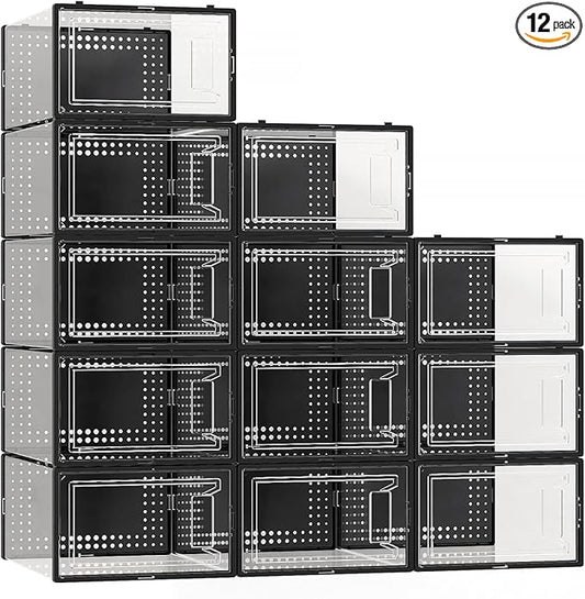 12 Pack XX Large Shoe Organizer Storage Boxes for Closet, Modular Space Saving Shoe Boxes Clear Plastic Stackable Sneaker Containers Display Case with Lids, Black